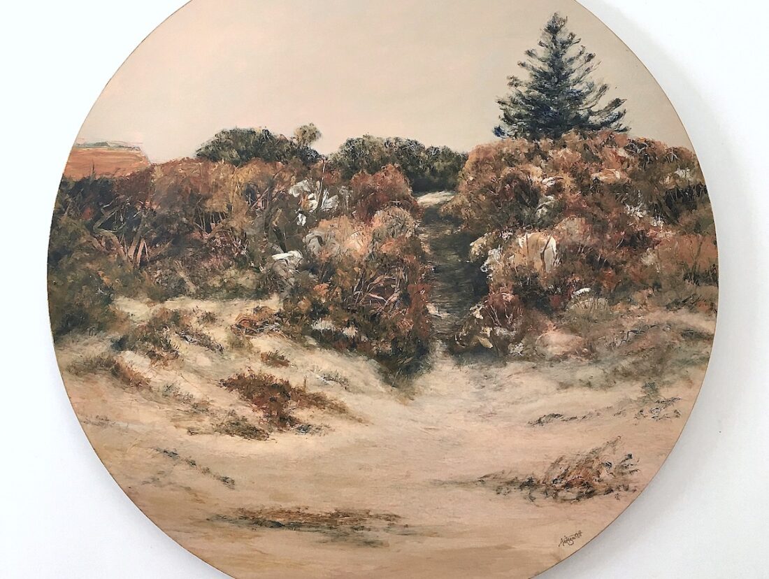 No 3-Salt-2021 painting Sense Of Warmth acrylic and graohite on wood panel 90cm diameter $1,500 artwork by Anita Barrett artist