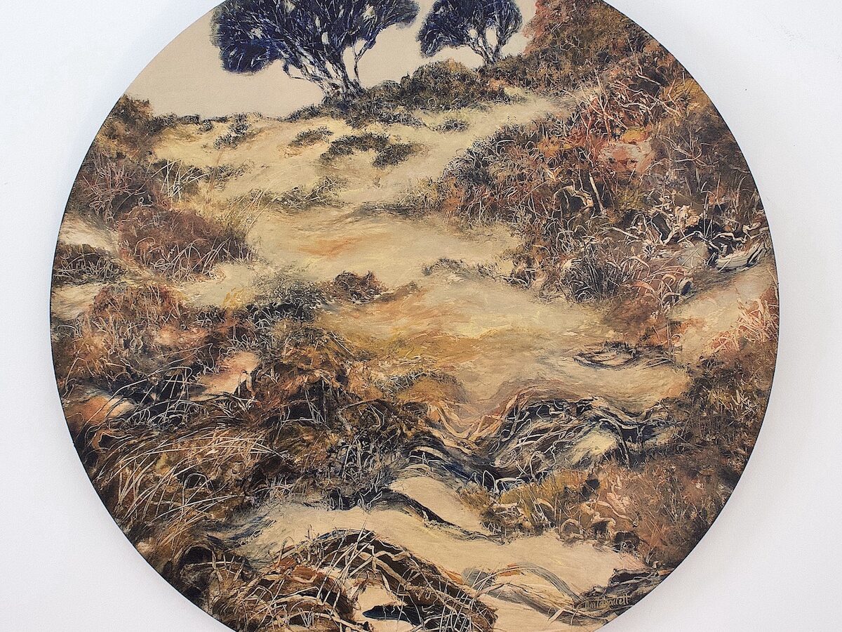 No 4-Salt-2021 painting -Calming The Anxiety- acrylic on Birchwood panel 60cm diameter $895 artwork by Anita Barrett artist