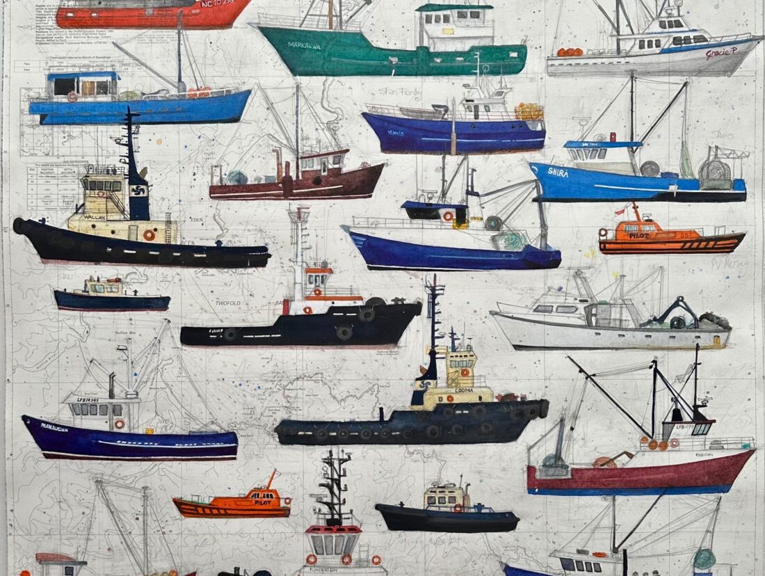 Twofold Bay Boats, watercolour, 79 x 82 cm