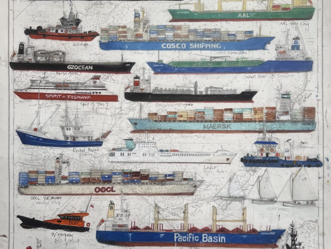 Ship Spotting, Port Phillip, watercolour, pencil. 
785 x 1150mm